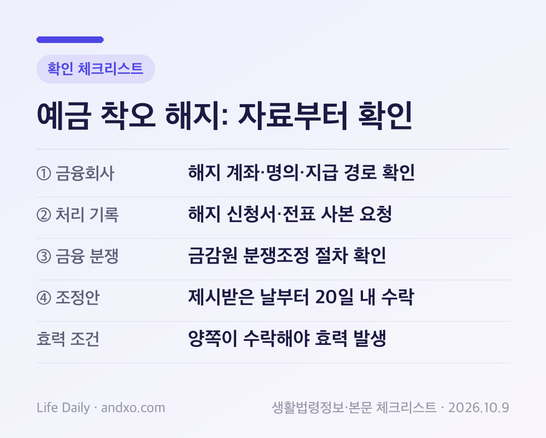 예금 착오 해지: 자료부터 확인: 핵심 확인 항목