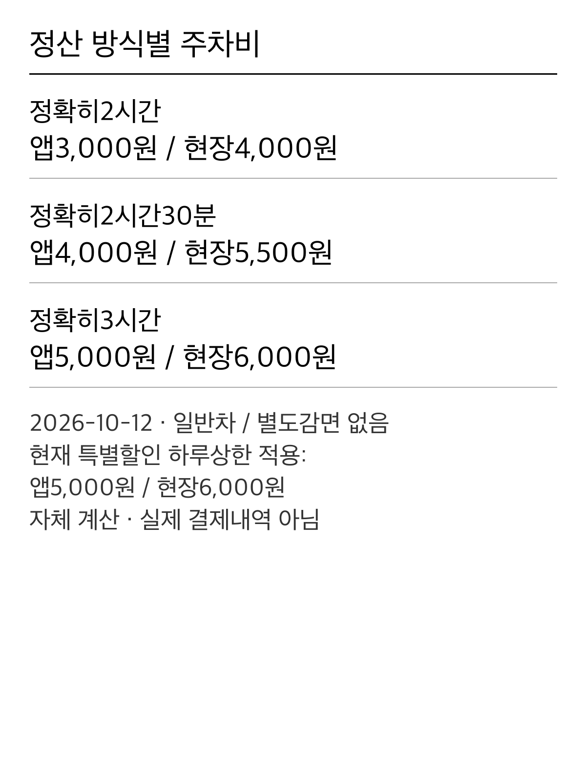 2시간,2시간30분,3시간 체류의 앱과 현장 계산액 비교, 현재 할인 상한 반영