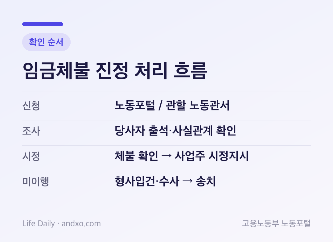임금체불 진정 처리 흐름: 노동포털 / 관할 노동관서 → 당사자 출석·사실관계 확인 → 체불 확인 → 사업주 시정지시 → 형사입건·수사 → 송치