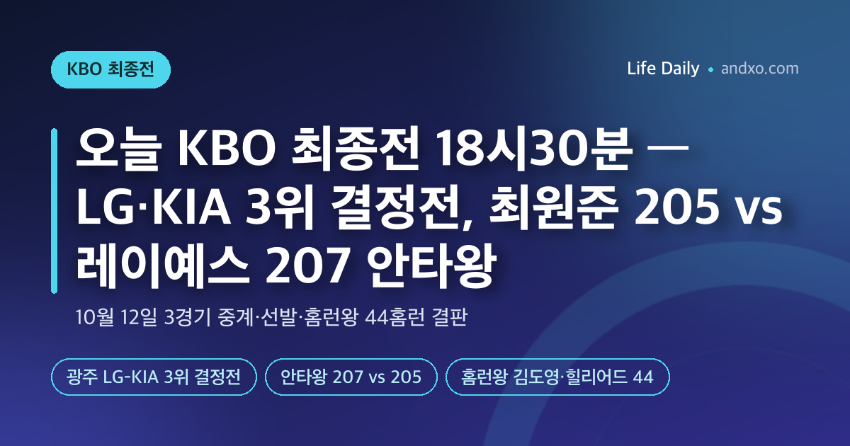 오늘 KBO 최종전 18시30분 — LG·KIA 3위 결정전 중계, 최원준 205 vs 레이예스 207 안타왕·김도영·힐리어드 44홈런 결판