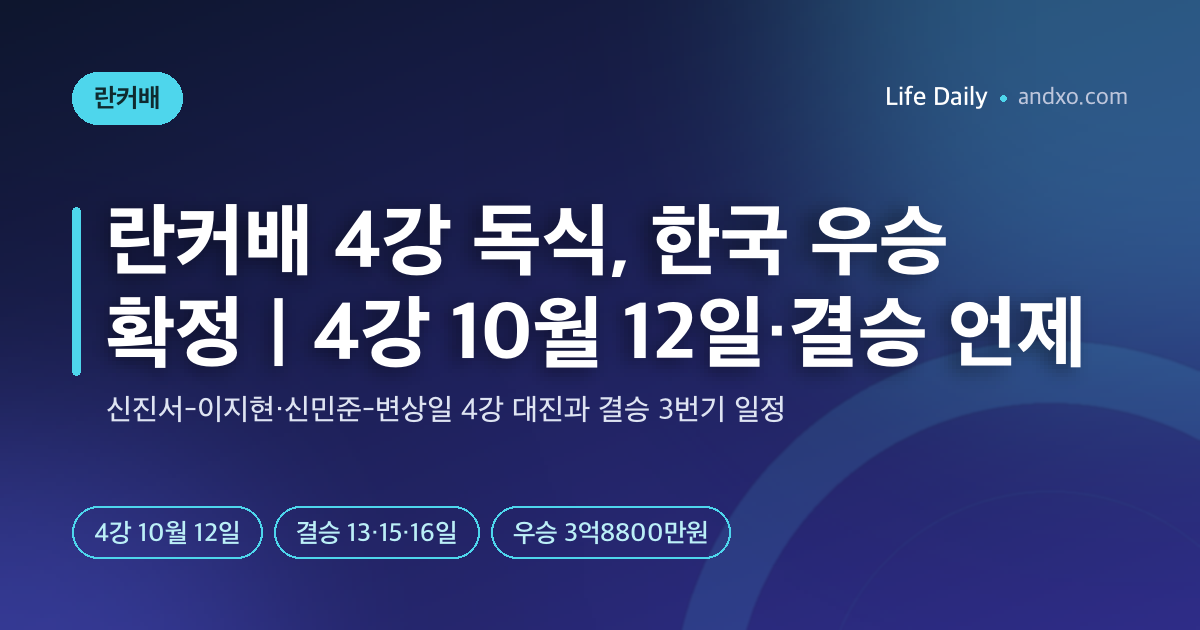 란커배 4강 한국 4명 독식, 우승 확정｜10월 12일 4강 대진·결승 3번기 일정·상금 3억8800만원